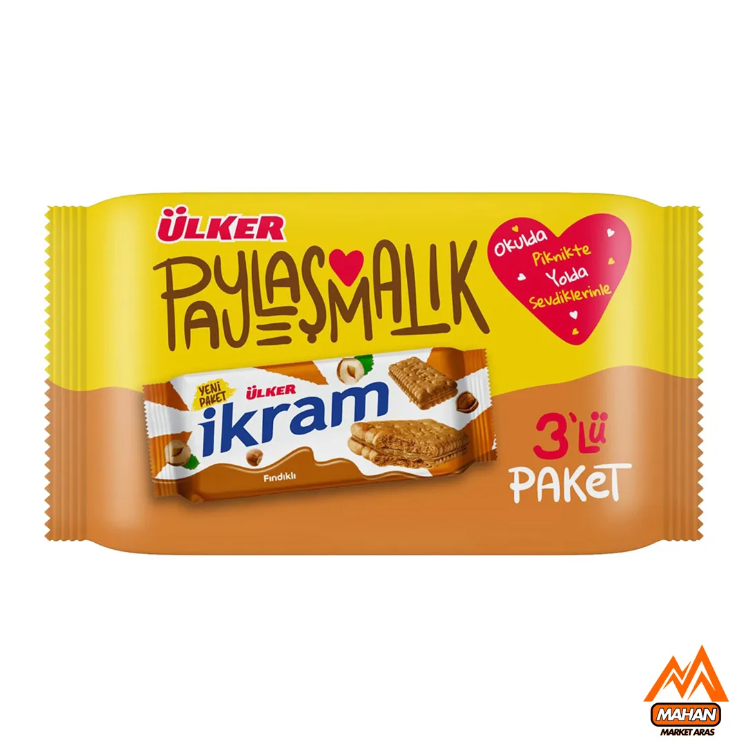بیسکوییت اولکر Ulker مدل ikram ایکرام با طعم فندق سه بسته 84 گرمی وزن 252 گرم Ulker Ikram Sandwich Biscuit Fındıklı 252gr