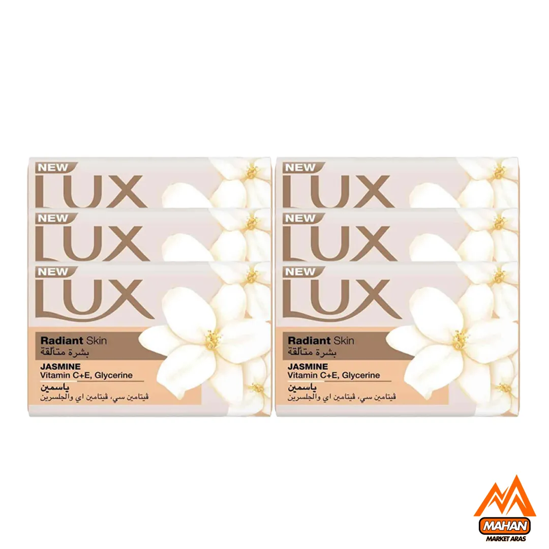 صابون لوکس Lux مدل Radiant Skin Jasmine رایحه گل یاس بسته 6 عددی 1020 گرم Lux Radiant Skin Jasmine Vitamin C And E Glycerinr Soap Bar 6x170 1020gr