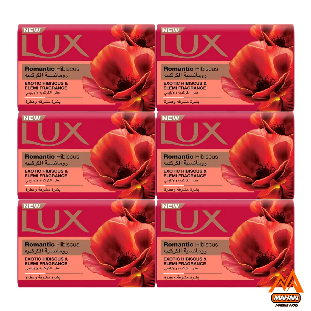 صابون لوکس Lux مدل Romantic Hibiscus رایحه گلهای لاله ای قرمز شقایق بسته 6 عددی 1020 گرم Lux Romantic Hibiscus with Exotic Hibiscus and Elemi Fragrance Soap Bar 6x170 1020gr
