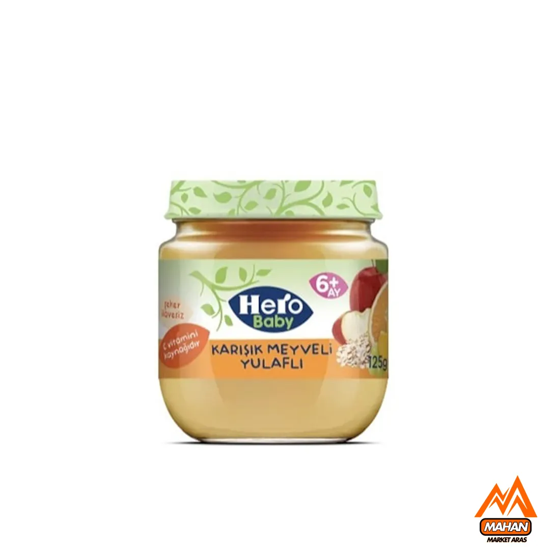 پوره مخلوط چند میوه هرو بیبی HERO BABY حاوی جو دوسر بدون شکر افزوده 120 گرم hero baby fruit puree mixed fruit and juice 120gr