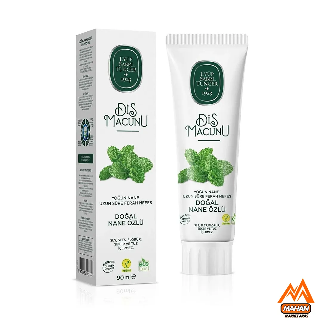 خمیر دندان بدون فلوراید ایوب صبری تونجر خمیر دندان نعنا خمیر دندان طبیعی ۹۰ میل Eyup Sabri Tuncer toothpaste خمیر دندان بدون SLS مراقبت دهان و دندان طبیعی خمیر دندان ترکیهای ماهان مارکت ارس خمیر دندان ضد پلاک عصاره نعنا برای تازگی دهان خمیر دندان بدون پارابن خمیر دندان گیاهی ایوب صبری