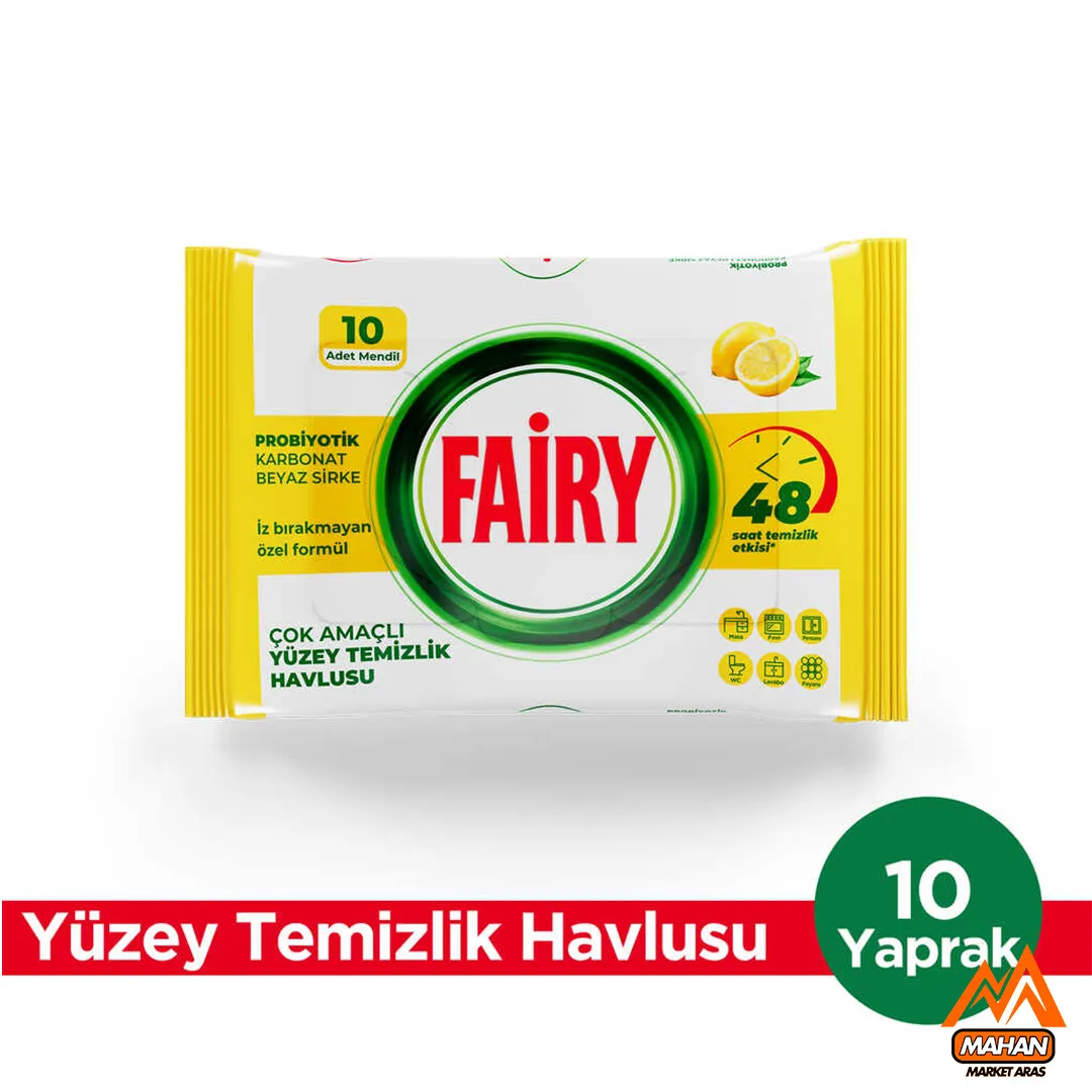 دستمال مرطوب چند منظوره تمیز کننده سطوح فیری FAIRY تعداد 10 برگی حاوی لیمو ، سرکه سفید و جوش شیرین - Image 2