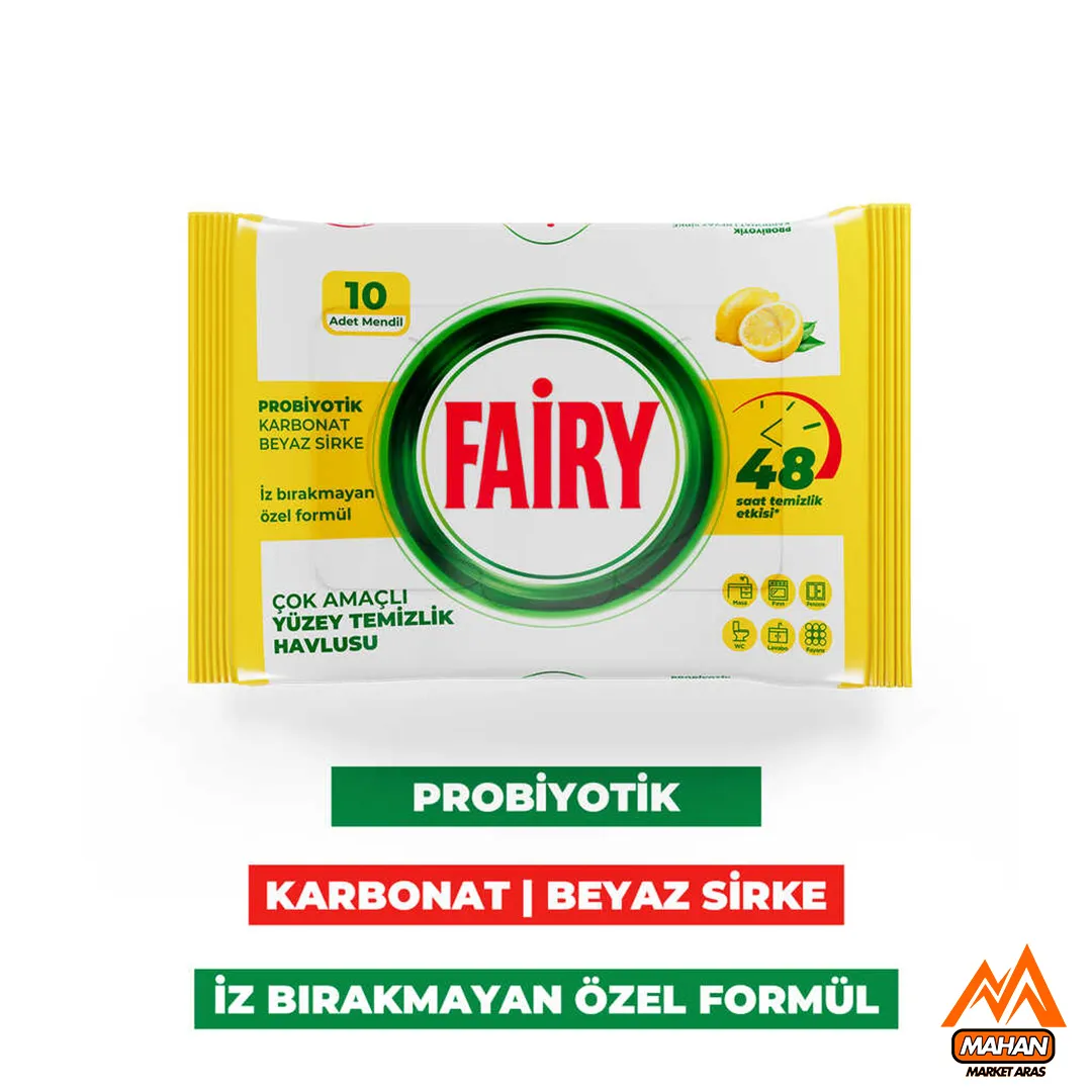 دستمال مرطوب چند منظوره تمیز کننده سطوح فیری FAIRY تعداد 10 برگی حاوی لیمو ، سرکه سفید و جوش شیرین - Image 3