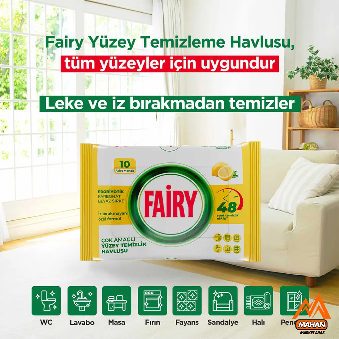 دستمال مرطوب چند منظوره تمیز کننده سطوح فیری FAIRY تعداد 10 برگی حاوی لیمو ، سرکه سفید و جوش شیرین - Image 4